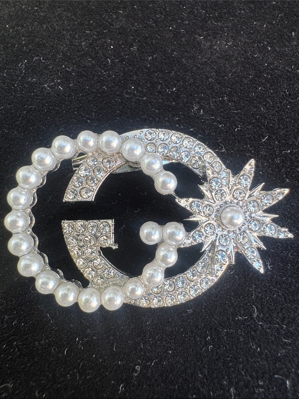 Brooch Crystal & Pearl Interlocking Logo Brooch - Silver Tone